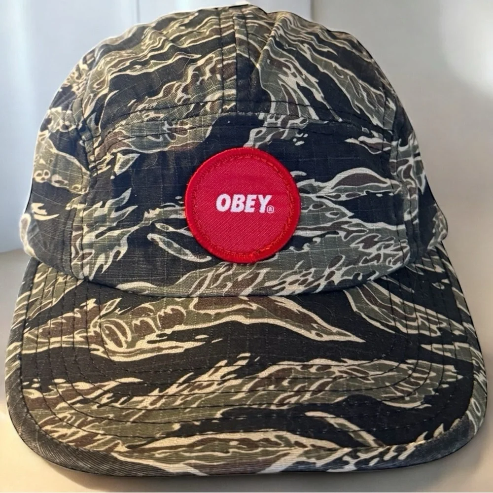 Obey Camo Ripstop 5-Panel Hat Red Logo Patch Adjustable Unisex Streetwear Cap
